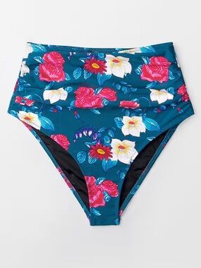 NWT Cupshe Sapphire Blue Floral Shirred Brief Bikini Bottom. Size M